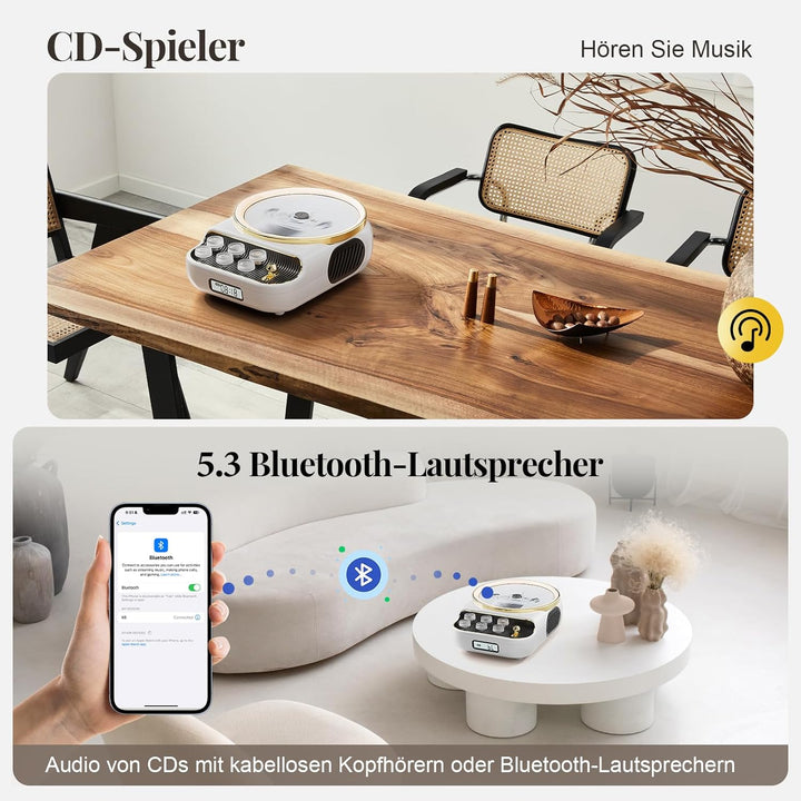 Retro CD Player Tragbar mit Bluetooth 5.3 Lautsprecher HiFi Sound Nachtlicht Staubschutz LED-Bildsch