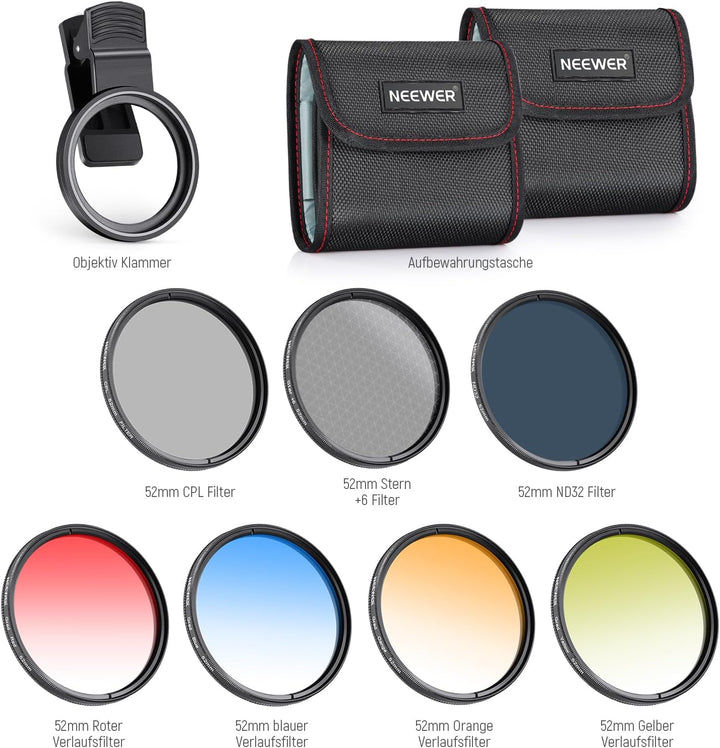 NEEWER 52mm ND+CPL+Effekt Filter Set mit Handy Phone Objektiv Klammer, Polfilter ND32, 6 Punkt Stern