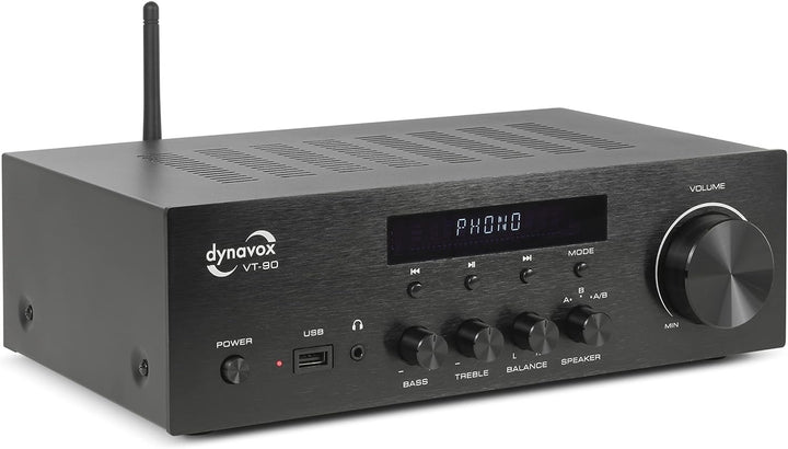 Dynavox Stereo Kompakt-Verstärker VT-90, schraubbare Anschluss-Terminals für 4 Lautsprecher, Fernbed