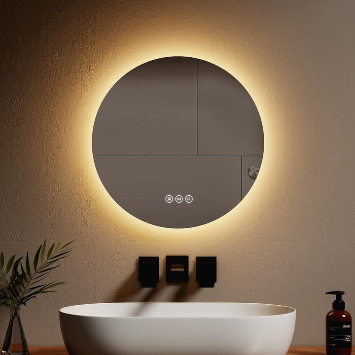EMKE Badspiegel mit Beleuchtung Rund 50cm mit 3 Lichtfarbe Dimmbar, Antibeschlag, Touchschalter, Spe