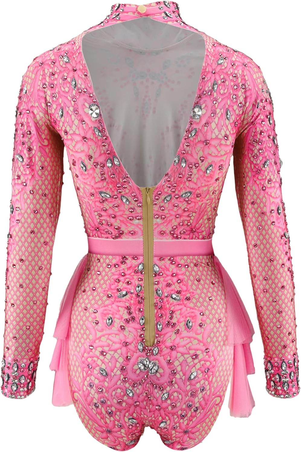 Glänzender Strass-Body für Damen, langärmelig, Drag-Queen-Outfit, sexy Kostüme, Tanz, rose, Einheits