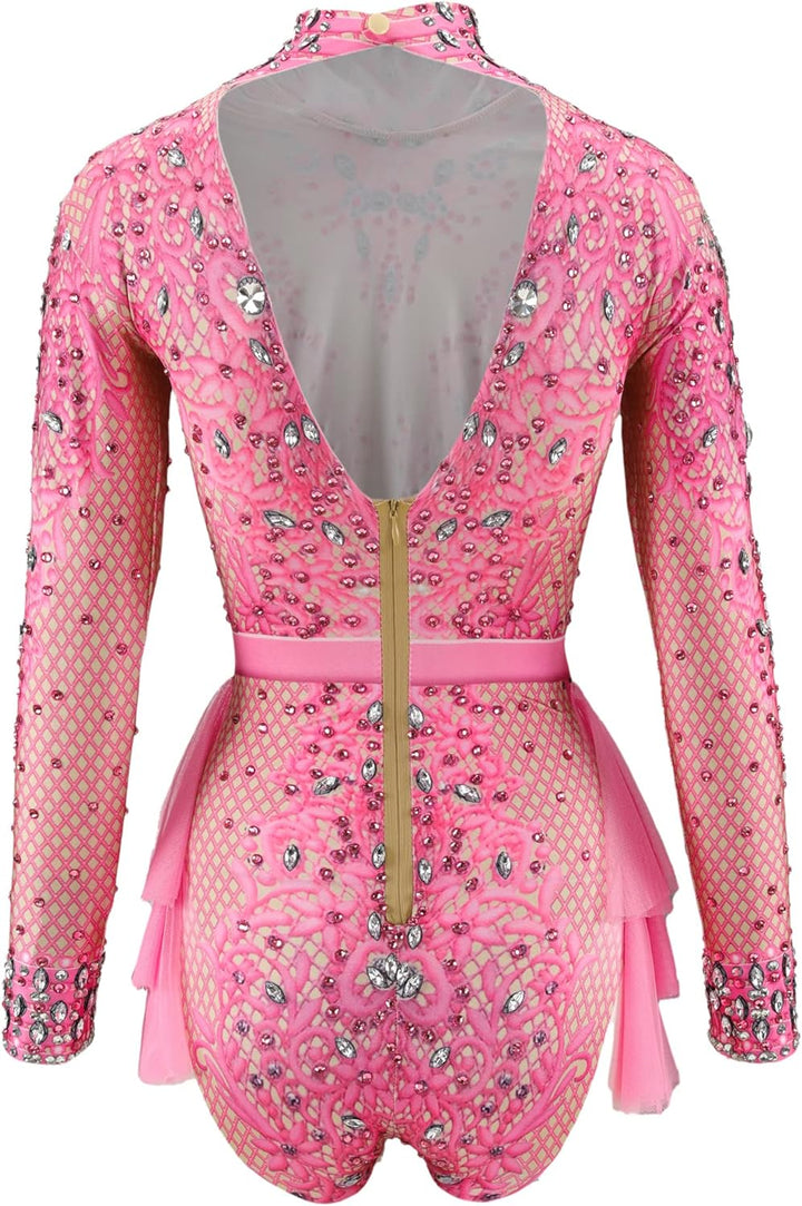 Glänzender Strass-Body für Damen, langärmelig, Drag-Queen-Outfit, sexy Kostüme, Tanz, rose, Einheits