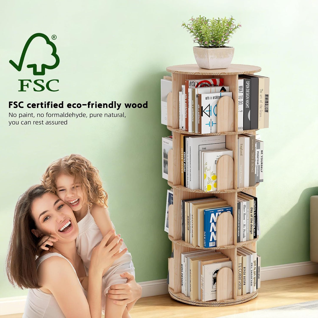Bücherregal Kinder, 360° Drehbares Bücherregal mit 4 Ebenen, Drehregal Spielzeugregal, Multifunktion