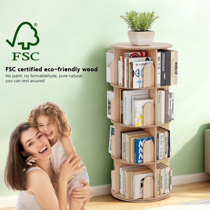 Bücherregal Kinder, 360° Drehbares Bücherregal mit 4 Ebenen, Drehregal Spielzeugregal, Multifunktion