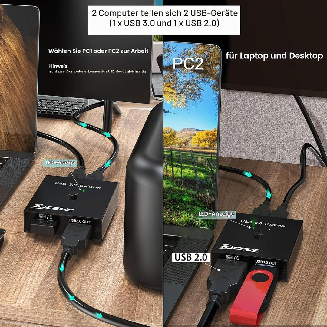 USB Switch für 2 PC, USB Switch 2 in 2 out zum Teilen von Maus, Tastatur, Drucker, U-Disk zwischen 2