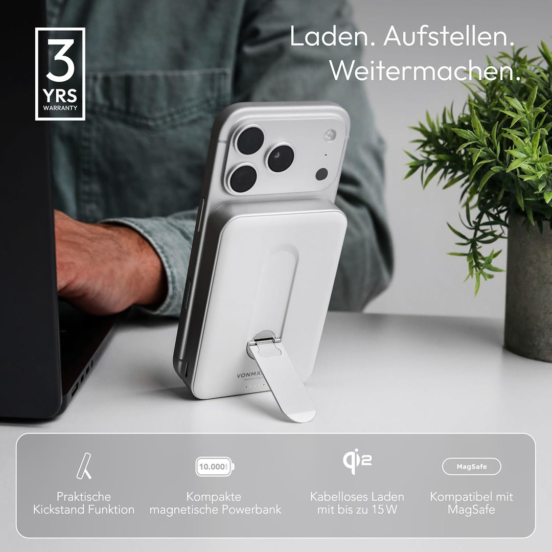 VONMÄHLEN Evergreen Mag mit Kickstand: 10.000 mAh Qi2-Powerbank kompatibel mit MagSafe – 15W kabello
