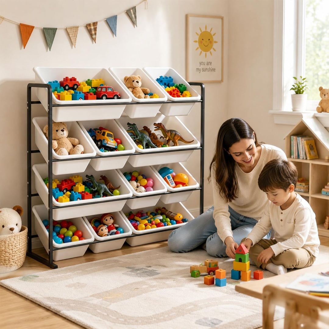 Kinderregal mit 12 Boxen,Spielzeug Organizer Schwarz