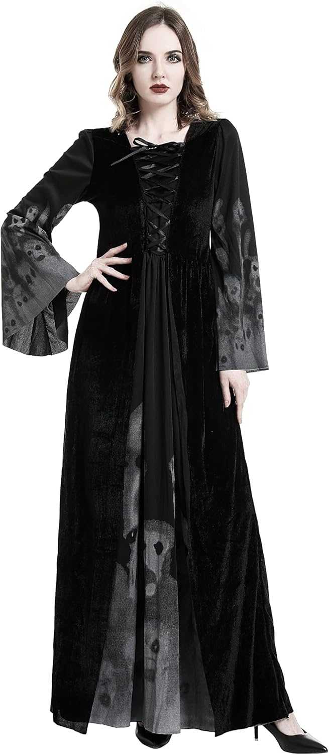 Damen Hexen Kostüm, Halloween Cosplay Zombie Kostüm Hexe Mit Kapuze Robe (L), L