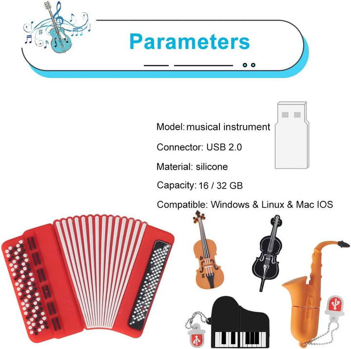 5 Stück 32GB USB-Stick mit Süssem Musikinstrument Muster, BorlterClamp Süsses USB-Flash-Laufwerk Spe