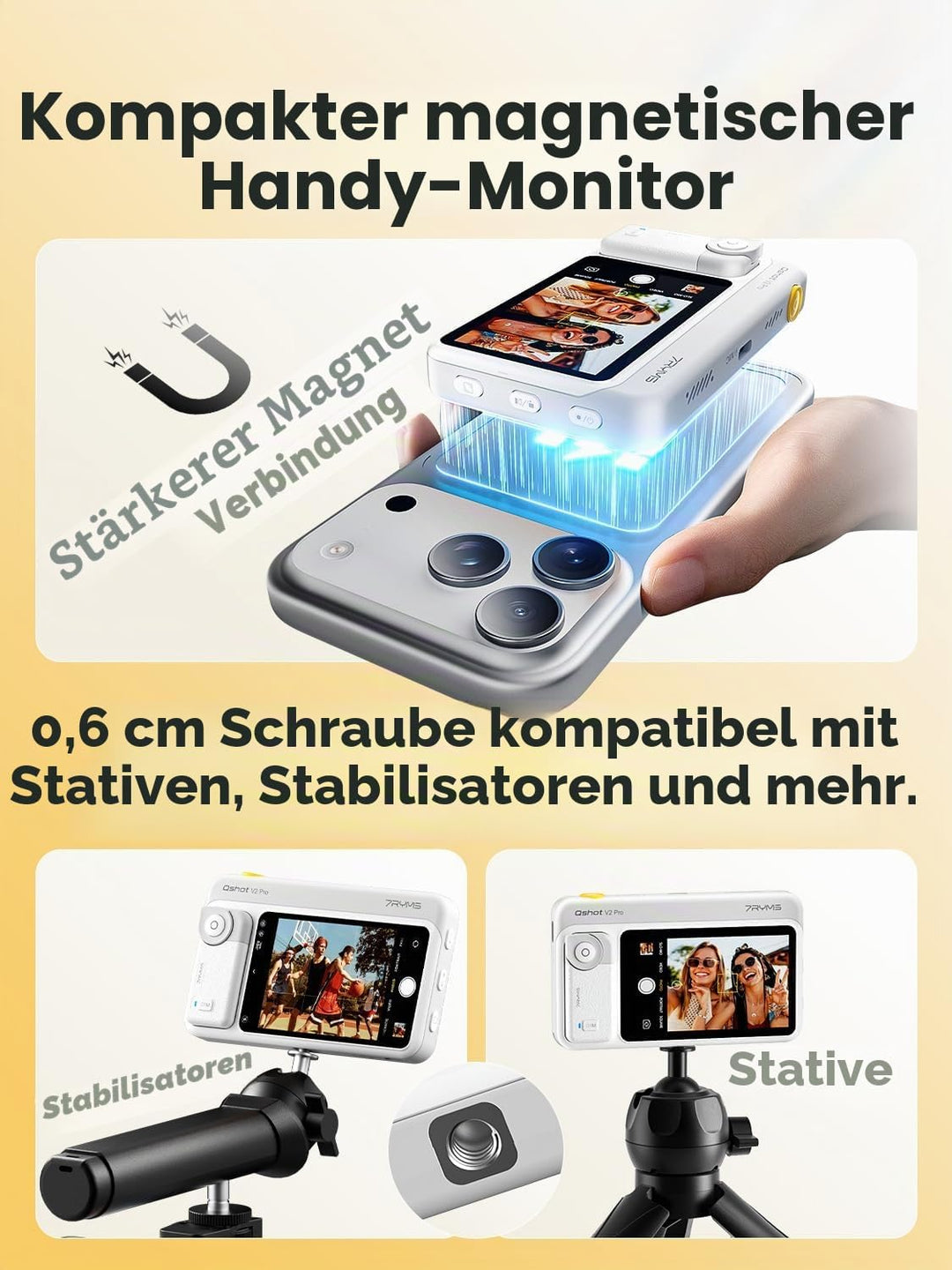 7RYMS Qshot V2 Pro Selfie Monitor, Magnetischer Smartphone Rückkamera Bildschirm für iPhone &amp; Androi