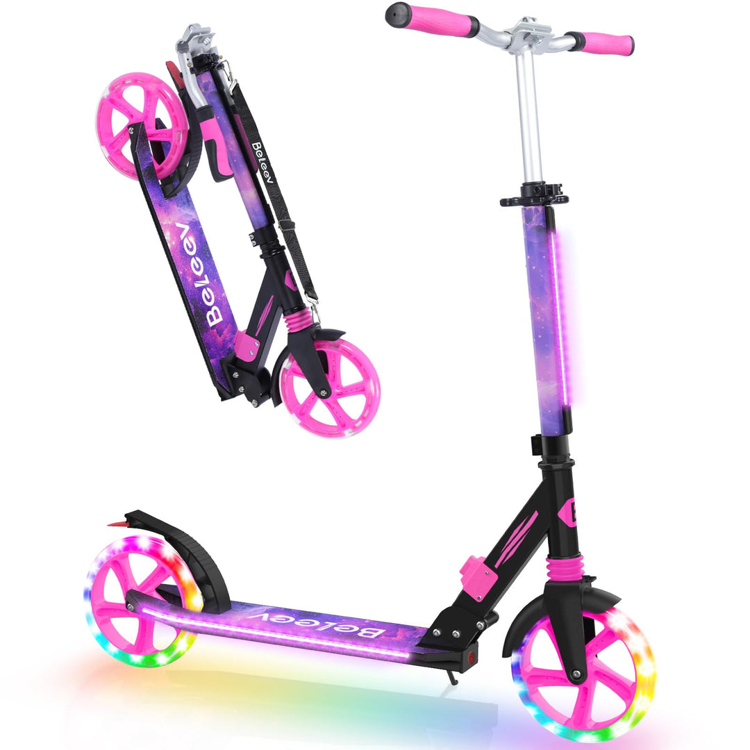 BELEEV V8 Big Wheel Scooter mit LED Leuchtenden Lenksäule &Deck, Höhenverstellbar, ABEC-9, 200mm Räd