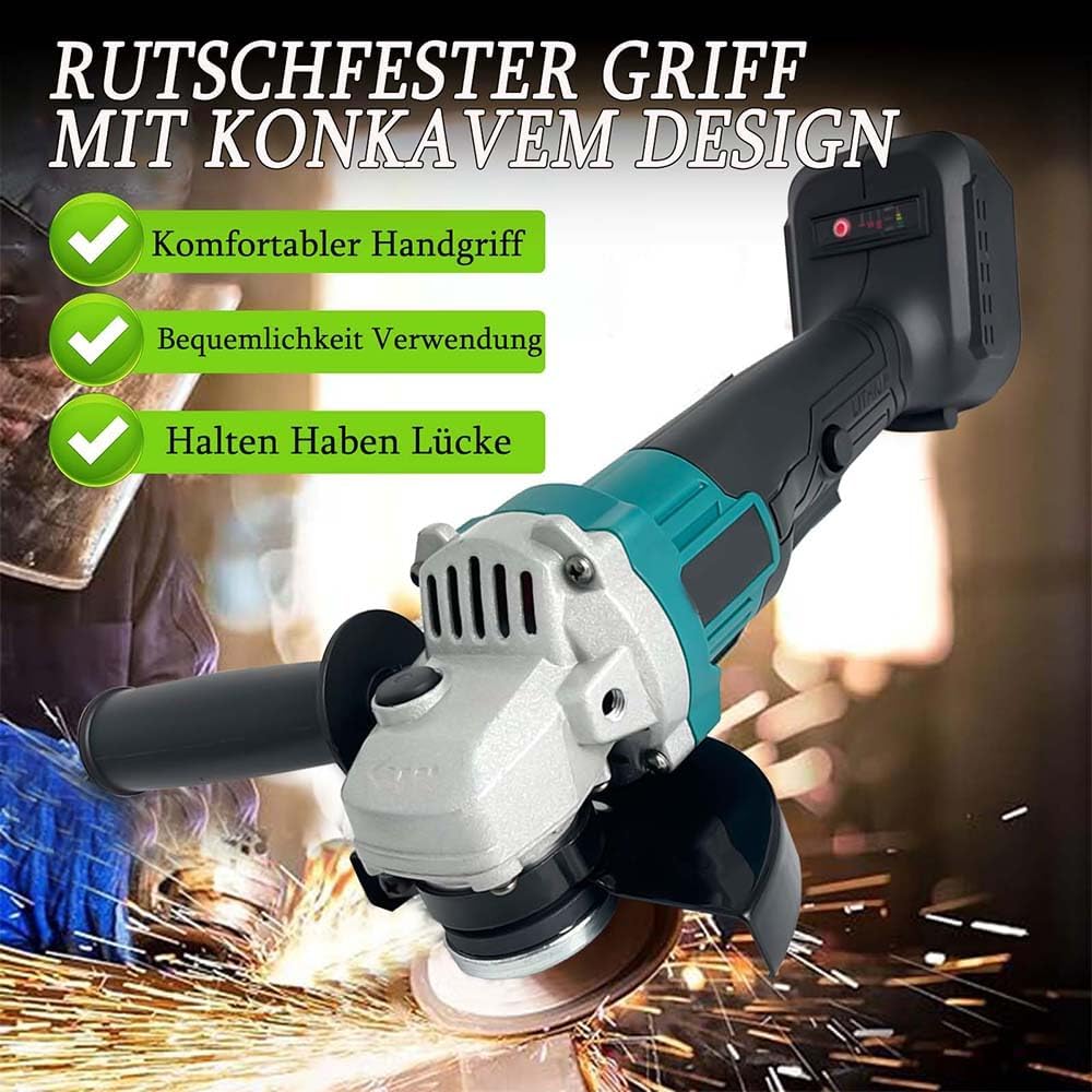 Akku-Winkelschleifer 125 mm, Ersatz für Makita 18V BL1830, Anti-Vibrations-Griff, Brushless, 11000U/