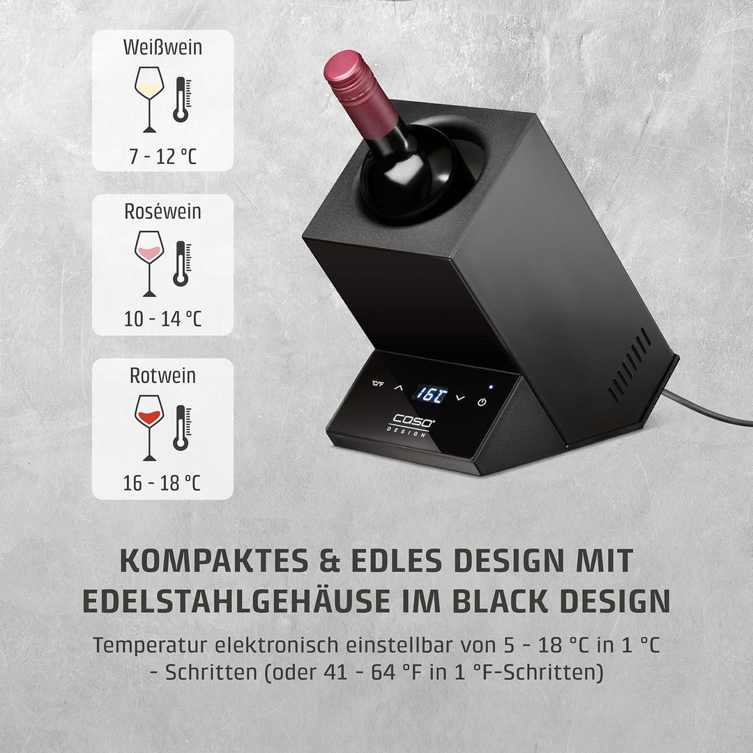 CASO WineCase One Black - Design Weinkühler für eine Flasche, Temperaturbereich von 5-18°C, für Flas