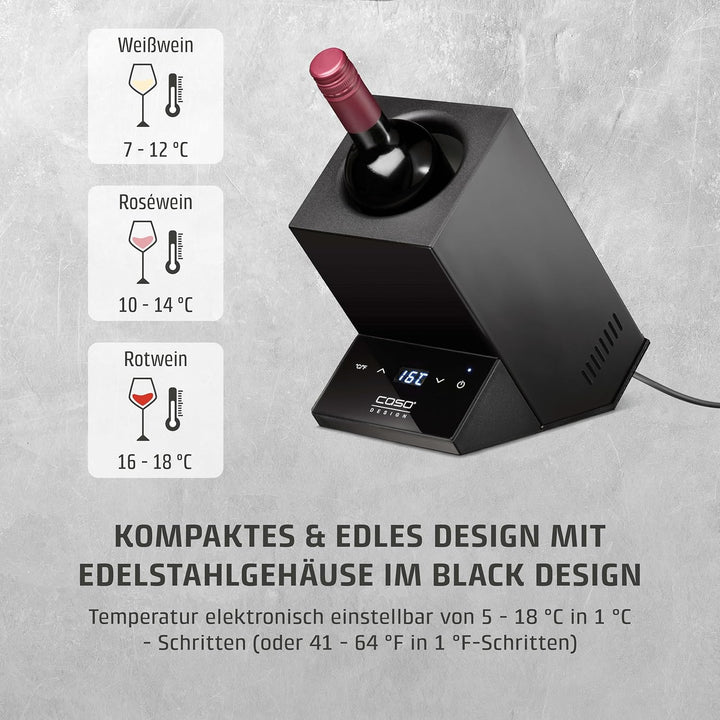 CASO WineCase One Black - Design Weinkühler für eine Flasche, Temperaturbereich von 5-18°C, für Flas