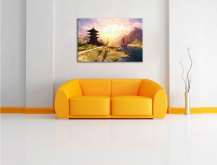 Pixxprint asiatischer Tempel an Fluss als Leinwandbild/Grösse: 100x70 / Wandbild/Kunstdruck/fertig b