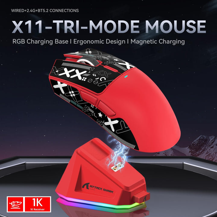 ATTACK SHARK X11 Gaming Mouse mit Magnetic Charging Dock, PixArt PAW3311 Gaming Sensor, BT/2.4G Wire