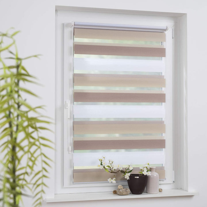 Klemmfix Doppelrollo dreifarbig hell beige Creme weiss - Breite 45 bis 120 cm, Länge 150 cm BZW. 210