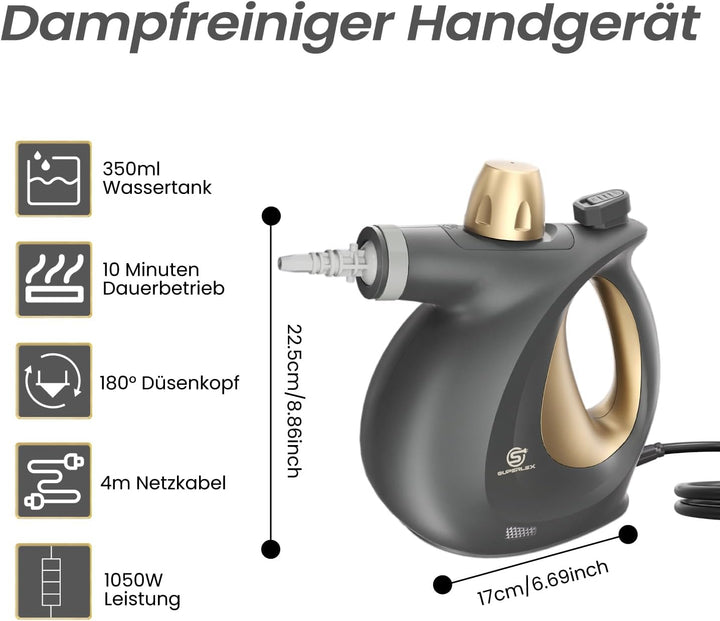 SUPERLEX Dampfreiniger Handgerät 1050W Handdampfreiniger mit 350ML Wassertank 180° Drehbare Düse Hoc