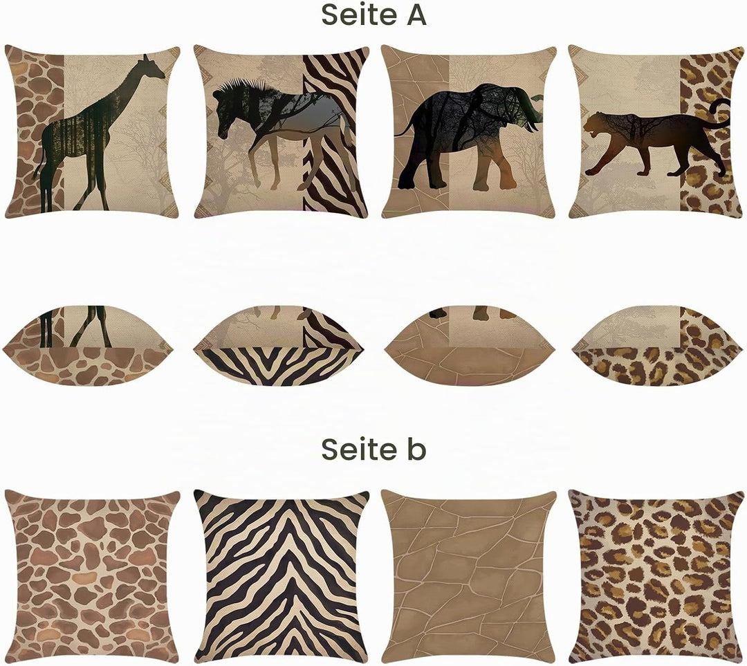 Bonhause 4er Set Kissenbezüge Afrikanische Tier Leopard 40 x 40 cm Doppelseitig Giraffe Zebra Polyes