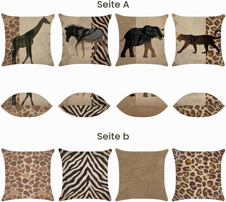 Bonhause 4er Set Kissenbezüge Afrikanische Tier Leopard 40 x 40 cm Doppelseitig Giraffe Zebra Polyes