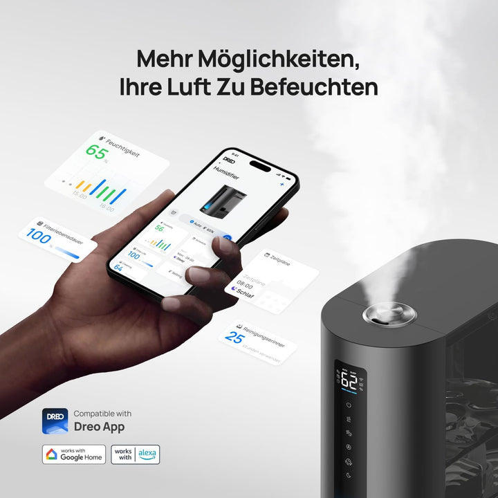 DREO 6L Smart Luftbefeuchter für grosse Räume, Warm- und Kaltnebel für Schlafzimmer, 60 Std. Laufzei