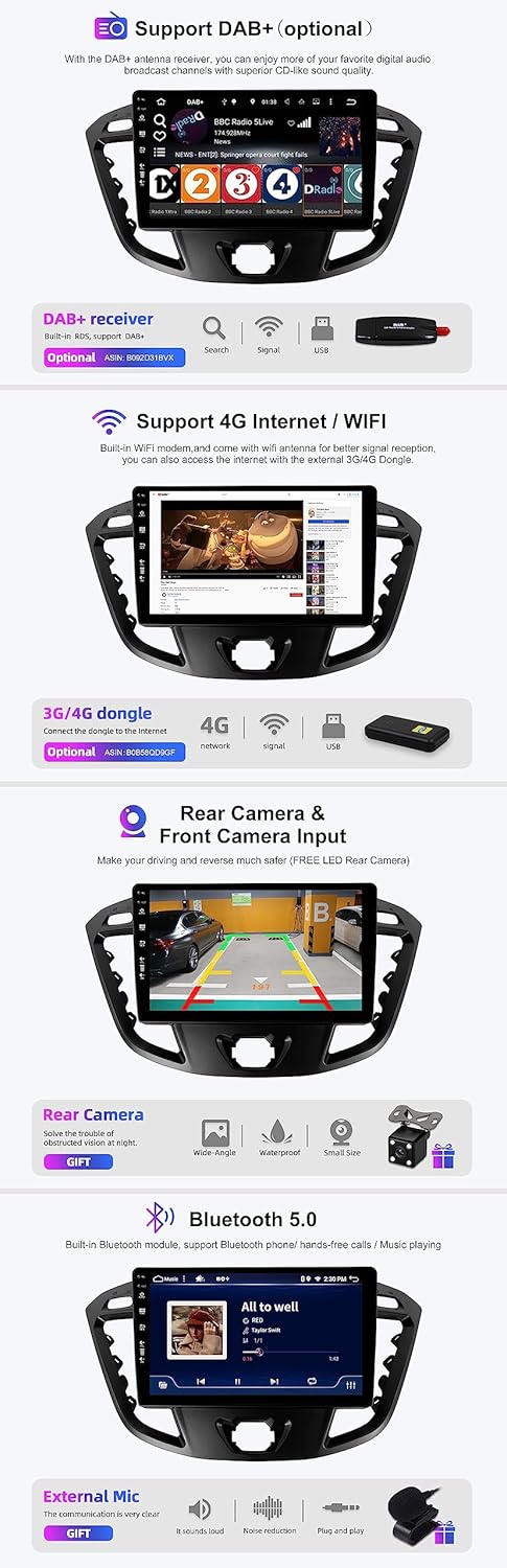 SXAUTO Android 12 IPS Autoradio Passt für Ford Tourneo/Ford Transit Custom (2013-2021) - Eingebaut C
