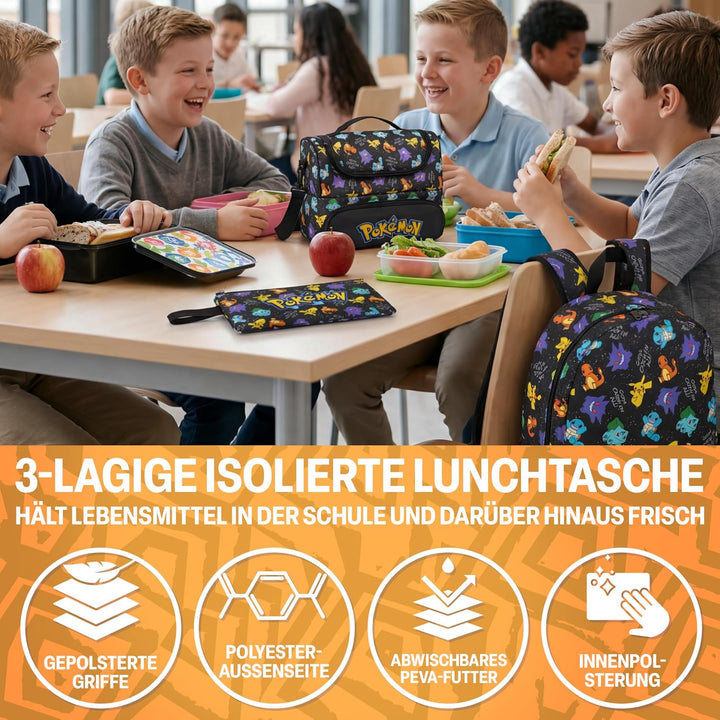 Get Trend Pokemon Rucksack Kinder 3er Set, Kinderrucksack mit Federmäppchen und Isolierte Lunchtasch