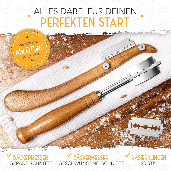 KRUSTENZAUBER Gärkorb zum Brotbacken + Bäckermesser - Set aus 2x Gärkörbchen u. 2x Teigmesser - Brot