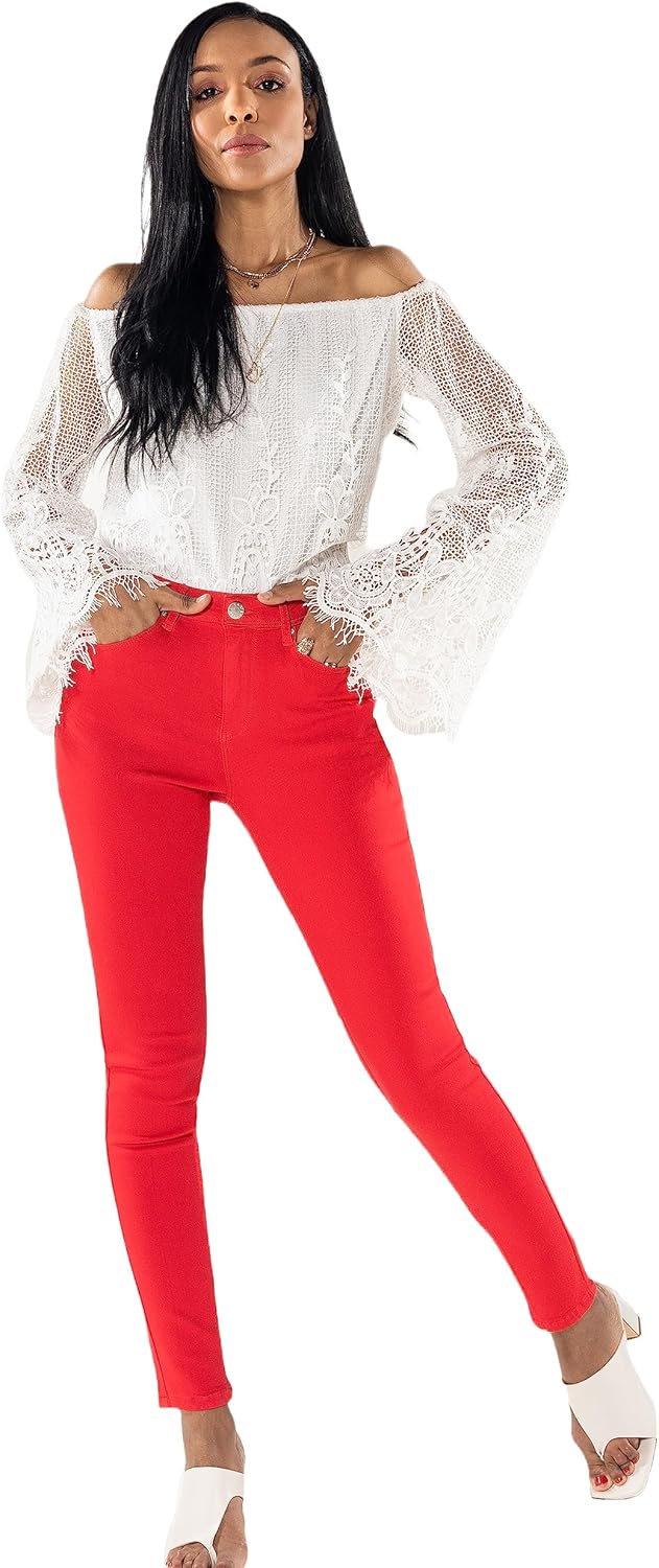Nina Carter P106 Damen Jeanshosen Slim Fit Push-Up Skinny Jeans Mid-High Waist XS Slim Rot (P106-13)