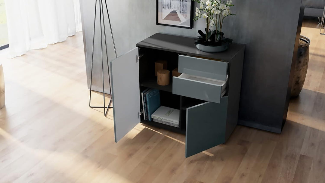 Vladon Sideboard Ben, Kommode mit 2 Türen und 2 Schubladen, Schwarz matt/Grau Hochglanz (79 x 74 x 3