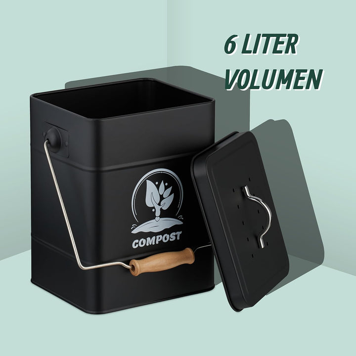Relaxdays Komposteimer Küche, 6 l, Kleiner Mülleimer, Deckel und Geruchsfilter, Metall, Abfalleimer