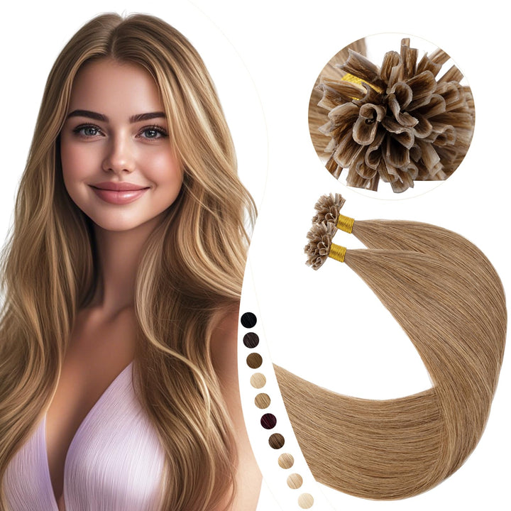 Elailite Echthaar Extensions Bondings 35cm #12 Weissbraun, U Tip Hair Extensions Keratin 50 Strähne