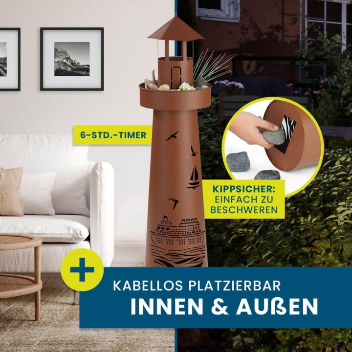 Hoberg LED Pflanzsäule im Leuchtturm Design und maritimer Stanzung in Rost-Optik | In- und Outdoor g