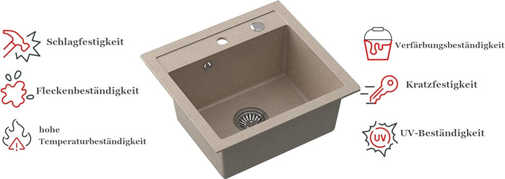VBChome Spülbecken + Armatur 50 x 47 cm Beige Spüle Einzelbecken Küche Einbauspüle Verbundspüle Küch