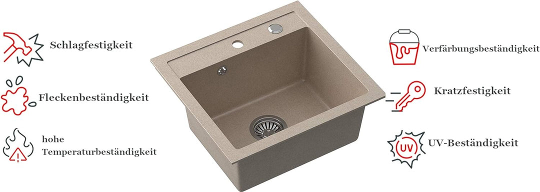 VBChome Spülbecken 50 x 47 cm Beige Spüle Einzelbecken Küche Einbauspüle Verbundspüle Küchenspüle ge