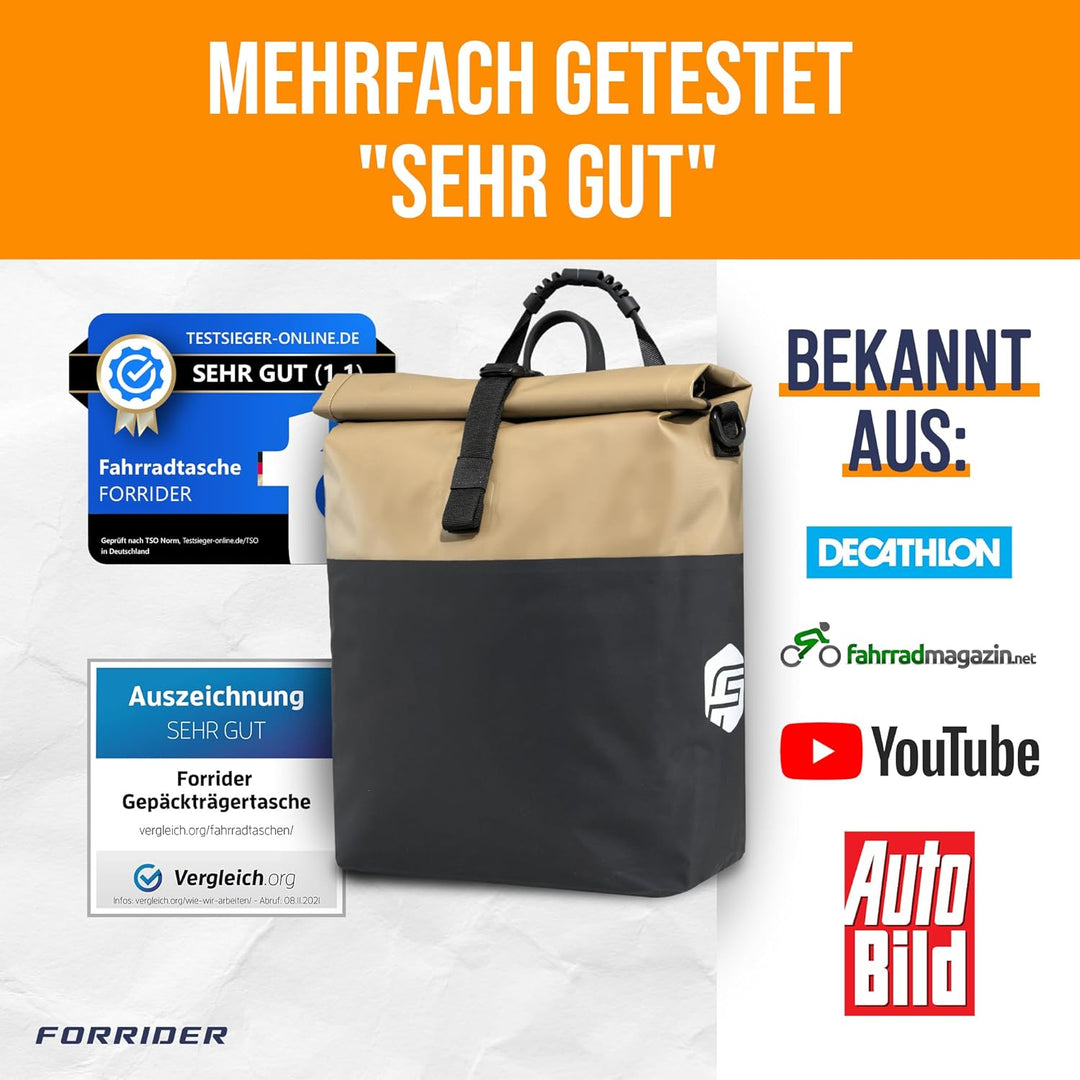 Forrider Fahrradtasche Wasserdicht für Gepäckträger [22L Volumen] mit Schultergurt | Gepäckträgertas