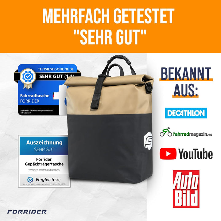 Forrider Fahrradtasche Wasserdicht für Gepäckträger [22L Volumen] mit Schultergurt | Gepäckträgertas