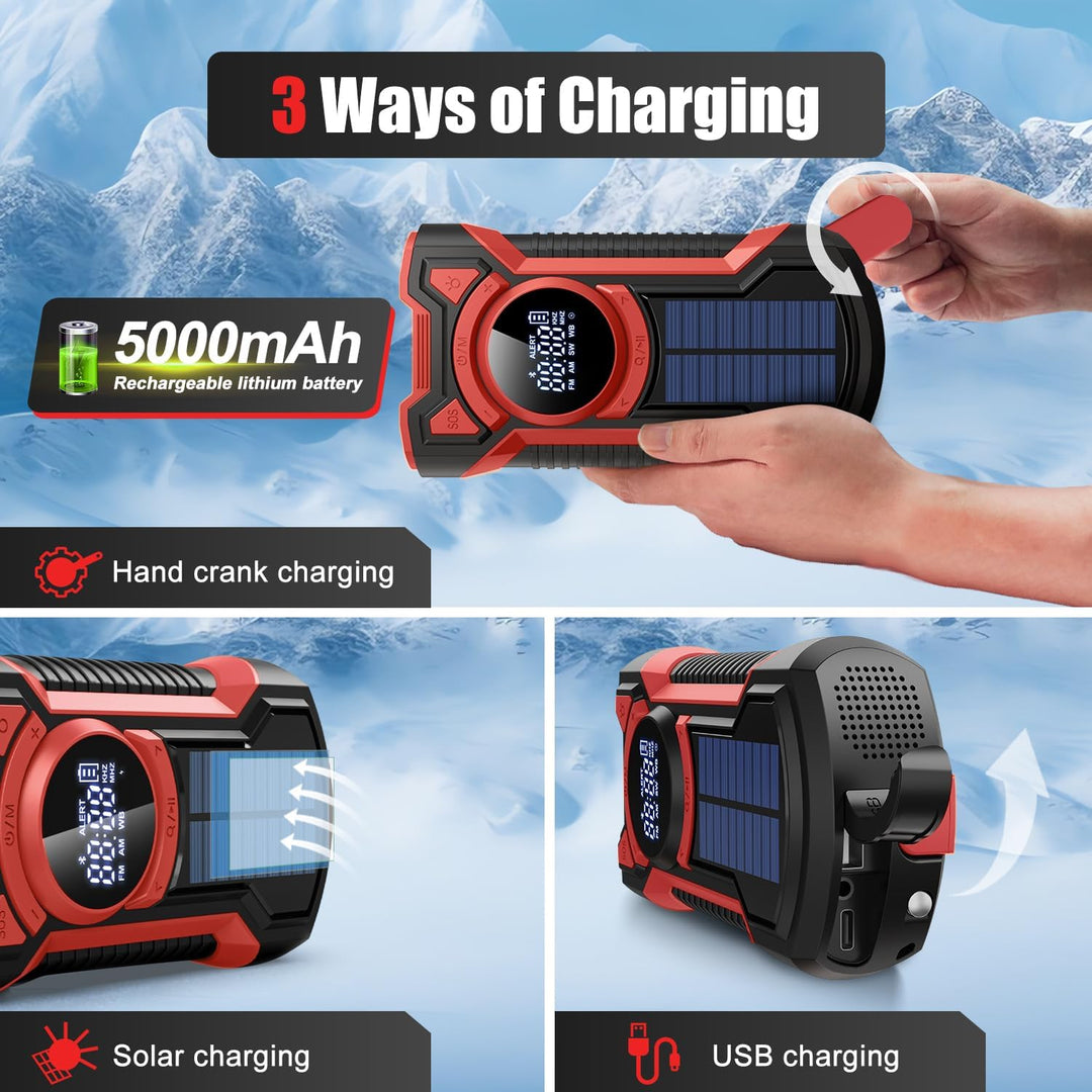 5000 mAh Handkurbel Notfallradio, Wasserdichtes Solarbetriebenes Überlebensradio, Tragbares Bluetoot