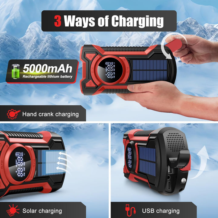 5000 mAh Handkurbel Notfallradio, Wasserdichtes Solarbetriebenes Überlebensradio, Tragbares Bluetoot