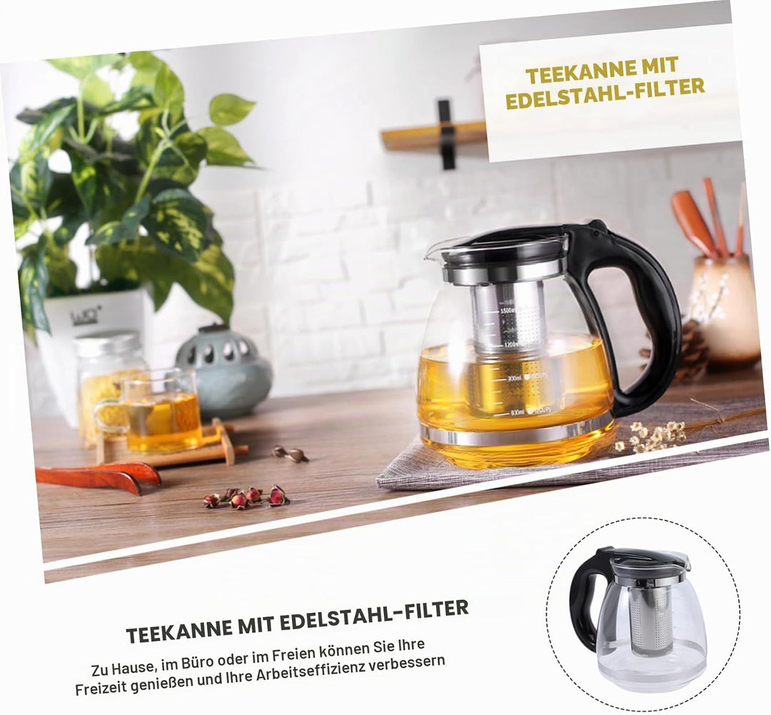 OUNONA Glas-Teekanne, Edelstahl-Filtergriff, hitzebeständig, 1500 ml, Schwarz