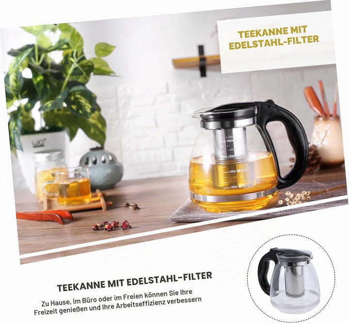 OUNONA Glas-Teekanne, Edelstahl-Filtergriff, hitzebeständig, 1500 ml, Schwarz