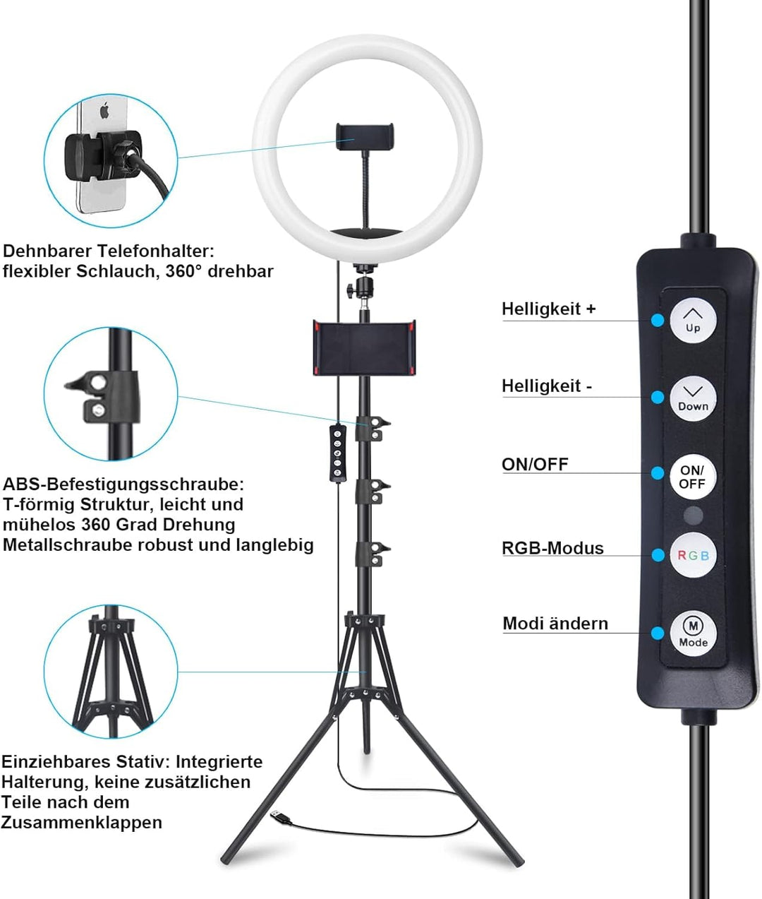 13 Zoll Ringlicht mit Stativ, 1 Tablet-Clip und 2 Handyhalterungen, 3000-6000K,10 Helligkeiten, Musi