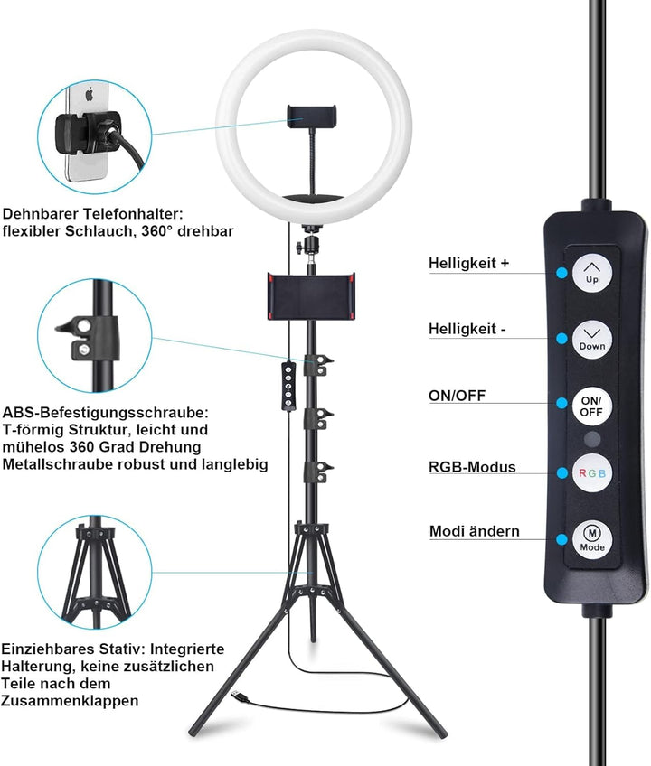 13 Zoll Ringlicht mit Stativ, 1 Tablet-Clip und 2 Handyhalterungen, 3000-6000K,10 Helligkeiten, Musi