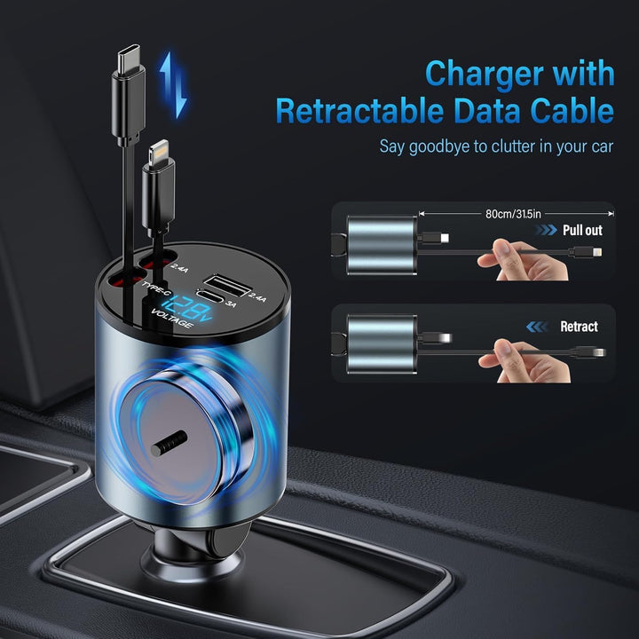 Auto Ladegerät Zigarettenanzünder USB C 4 in 1 56W - KFZ Ladegerät mit 2 einziehbaren Kabeln(Type C,