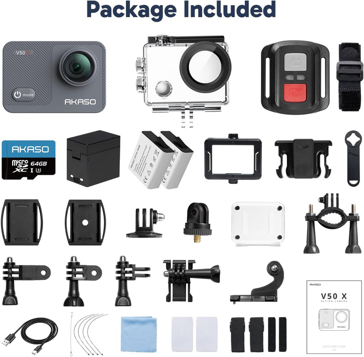 AKASO V50X Action Cam 4K30FPS mit 64GB U3 Speicherkarte Unterwasserkamera WiFi 40M EIS Anti-Shake Ac