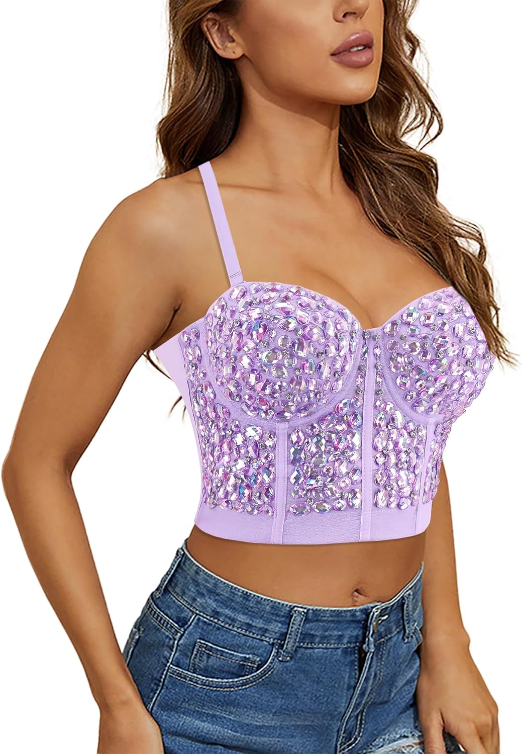 Naimo Damen Sexy Strass Bustier Push Up Crop Top Korsett BH Glitzer Kristall Tank Top Cami Weste Par