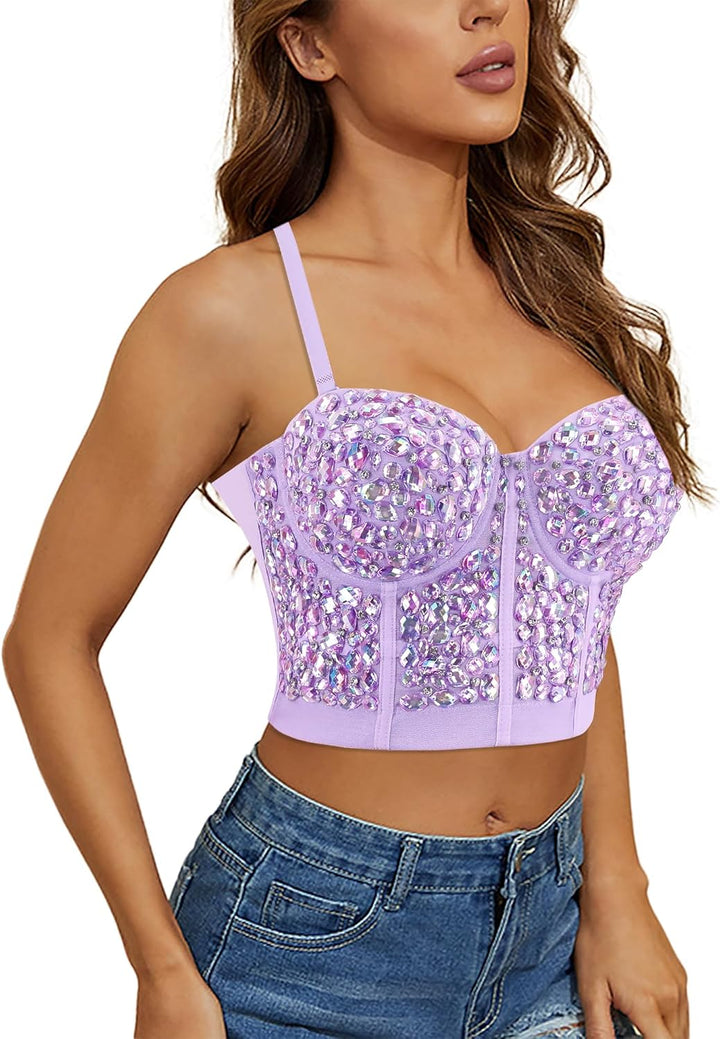 Naimo Damen Sexy Strass Bustier Push Up Crop Top Korsett BH Glitzer Kristall Tank Top Cami Weste Par