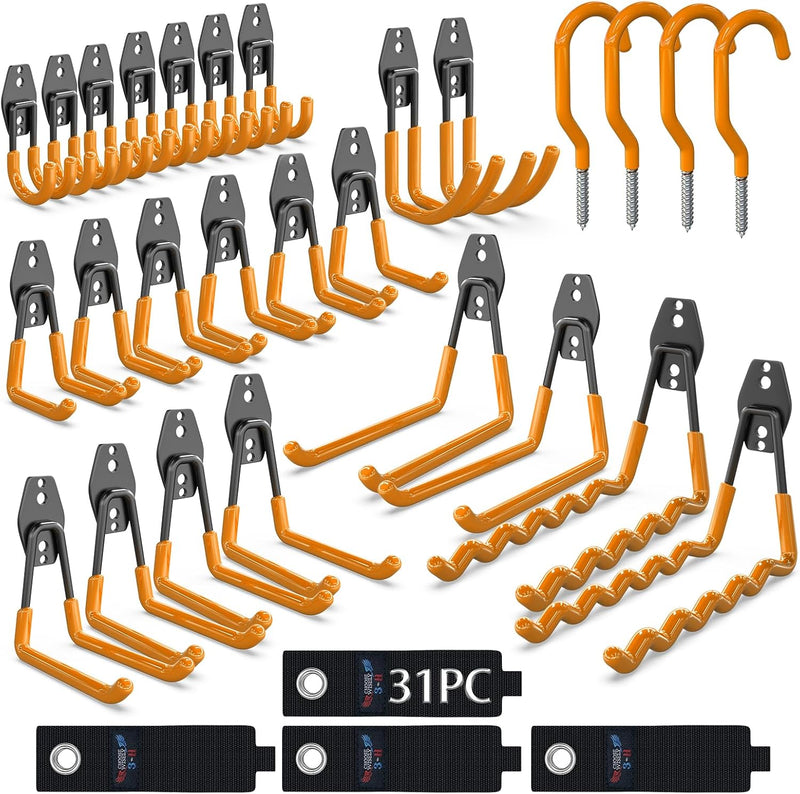 3-H Wandhaken Garage, Gerätehaken Schwerlast Doppelhaken 31 Stück für Leiter, Geräte, Werkzeuge, Sch