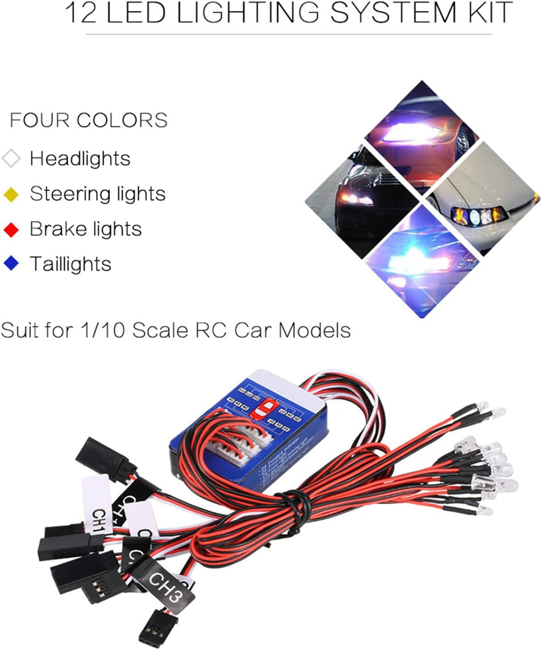 Rc Car Lights Kit 12 LED Lenkbremsbeleuchtungssystem Kit Smart Simulation Strobe Light für Rc Car 1/