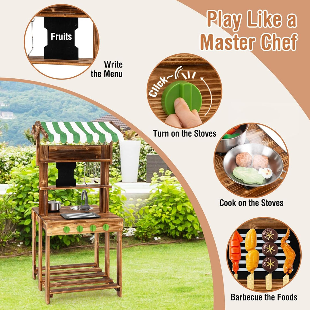 DREAMADE Matschküche Kinder Outdoor, Kinderküche mit Dach, Wasserhahn, Spüle, Tafel & Kindergrill, D